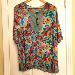 URU Womens Floral Tunic Top Wearable Art Boho Hand Dyed Rayon Blouse One Size